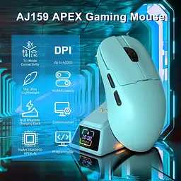 Ігрова бездротова мишка AJAZZ AJ159 Apex /Три режими підключення / 42000 DPI / сенсор PAW3950 / Док-станція з LED-дисплеєм / Blue - мініатюра 3