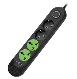 Мережевий фільтр-подовжувач Voltronic F01UB 2 розетки EU + 2 розетки Universal + 3 USB, 1,5 м, 2500 Вт, чорний - мініатюра 1