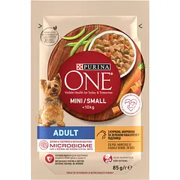 Вологий корм для дорослих собак дрібних порід Purina One Mini/Small шматочки у підливці з куркою, морквою та зеленою квасолею 85 г