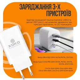 Зарядное устройство для XoKo 2xUSB-C PD65W + 1xUSB QC3.0 GaN white (XK-QC-630) - миниатюра 10