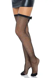 Панчохи-сітка зі швом ззаду Leg Avenue Bow back seam thigh highs One size Black, атласний бант - мініатюра 1