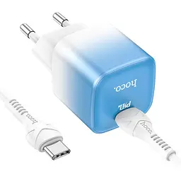 Мережевий зарядний пристрій з кабелем Hoco C101A single port PD20W charger set(Type-C to Type-C) Ice блакитний - мініатюра 3