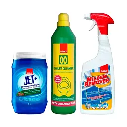 Набір Sano Засіб для видалення цвілі Mildew Remover, Засіб для миття туалету 00, Універсальний гель Jet+ Gel з олією сосни (293561, 412481, 993277)