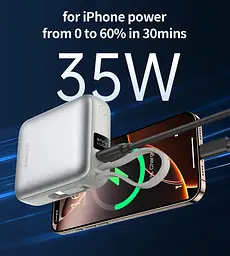 Універсальна мобільна батарея Choetech 10000mAh 35W PD3.0 USB-C In/Out, LED Display, with buid-in type-C cabel сіра - мініатюра 7