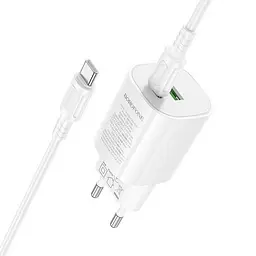МЗП Borofone BA104A Pudding PD20W+QC3.0 (1USB-A/1C) + кабель Type-C to Type-C White - мініатюра 3