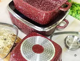 Набір квадратних каструль Top Kitchen TK00025 з мармуровим покриттям 6 предметів Червоний - мініатюра 4