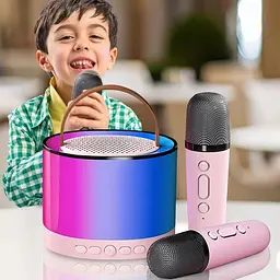 Портативна акумуляторна Bluetooth колонка з LED підсвічуванням TF USB Дитячий караоке та два бездротові мікрофони UKC K52 9657 - мініатюра 2