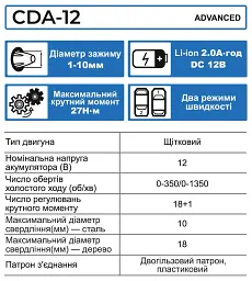 Шуруповерт акумуляторний Zegor CDA-12/12В/50 Нм/дві швидкості/2 батареї 12 В 2 Ач/реверс/підсвічування
 - мініатюра 10