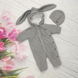 Теплий в'язаний комбінезон для новонародженого з шапочкою "Зайчик" зріст 56 - 62 см (0 - 3 місяці) ElLiz Сірий