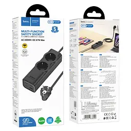 Мережевий зарядний пристрій подовжувач Hoco NS10 USB/3 Type-C PD 67W 2 розетка 2m чорний - мініатюра 9