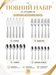 Набір столових приборів 24 предмети на 6 персон з нержавіючої сталі сріблястий у коробці (49676068) - мініатюра 7