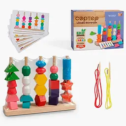 Дерев'яний геометричний сортер 65468 WToys, геометричні фігури, шнурівка, 8 двосторонніх карток, в коробці (6900067614452)