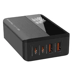Мережевий зарядний пристрій ColorWay Power Delivery GaN, чорний, 100 Вт, 2xType-C (PD 3.0) / 2xUSB (QC 3.0), LED дисплей, Auto ID