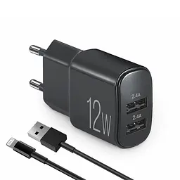 Мережевий зарядний пристрій Brevia ePower 12W 2xUSB-A + кабель USB-A to Lightning 1м чорний(45012DULB)