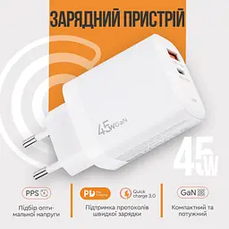 Зарядное устройство для XoKo 1xUSB-C PD45W + 1xUSB QC3.0 GaN white (XK-QC-450) - миниатюра 6