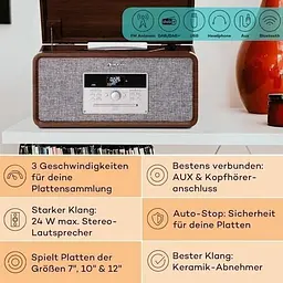 Програвач вінілу Auna Bella Ann радіо DAB+/FM USB Bluetooth (10041388) - мініатюра 2