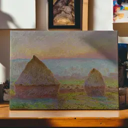 Інтер'єрна картина Стіжки сіна та вечірнє сонце, Клод Моне, Claude Monet, Grainstacks at Giverny, інтер'єрний декор, 41×60 см (id6891)
