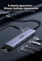 USB-C хаб UGREEN CM512 6-в-1 2 порти USB-C 3.2 Gen 2 до 10 Гбіт/с і 1 порт USB-A 3.2 та 1 порт USB-A 2.0 гігабітний Ethernet RJ45 10/100/1000 Мбіт/с порти USB-C 3.2 лише для передавання даних без виведення відео та заряджання окремий вхід USB-C 5 В для додаткового живлення хаба й периферії для розширення USB-портів смартфона чи планшета з USB-C та підтримкою USB Host у режимі OTG вбудований кабель USB-C до хоста довжиною 0,3 м темно-сірий Space Gray (45320) - мініатюра 2