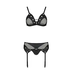 Комплект білизни Passion NESSY SET XXL/XXXL black, бюстгальтер, пояс для панчіх, стрінги - мініатюра 3