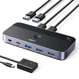 USB-перемикач периферії UGREEN CM662 для спільного використання 4 USB-пристроїв між 2 комп’ютерами входи 2 USB-A виходи 3 USB-A та 1 USB-C USB 3.0 до 5 Гбіт/с перемикання кнопкою на корпусі або комплектною виносною кнопкою Mini-USB з кабелем 1,5 м вхід додаткового живлення USB-C 5 В до 2 А зі світловою індикацією вибраного комп’ютера без встановлення драйверів для Windows macOS Linux у комплекті 2 кабелі USB-A на USB-A по 1,5 м чорний зі сріблясто-сірими боками (15705)
