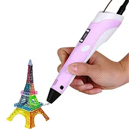 3D ручка з LCD дисплеєм та еко пластиком принтер для дитячої творчості 3Д малювання ABS та PLA пластик Pen 2 рожева - мініатюра 3