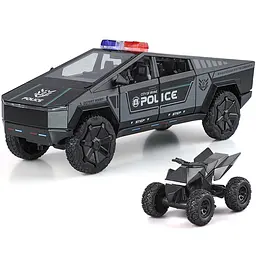 Колекційна металева модель поліцейського автомобіля Tesla Cybertruck Police з квадроциклом, інерцією, світлом та звуком 1:24 - мініатюра 2