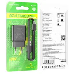 Мережевий зарядний пристрій Borofone BA72A Spring 18W/QC3.0/1USB + Cable Type-C чорний - мініатюра 3