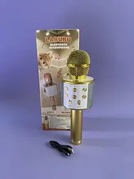 Мікрофон дитячий караоке WS 858 A Bluetooth золотий, зі зміною голосу, ефектом ехо, підсвіткою, вбудованим динаміком, акумулятором