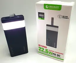 Потужний Повербанк із LED ліхтариком Power Bank із швидкою зарядкою 20000mAh 2USB /Type-C PD/QC 5A/22.5W Maxmate MMP20KP чорний - мініатюра 1