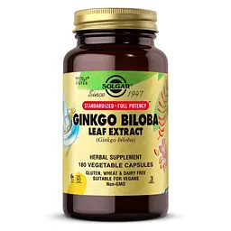 Натуральна добавка Solgar Ginkgo Biloba Leaf Extract Standardized Full Potency, 180 вегакапсул