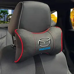 Подушка на підголівник з логотипом Mazda Екошкіра 3D Кольоровий лого Чорна-Червоний кант 1 шт