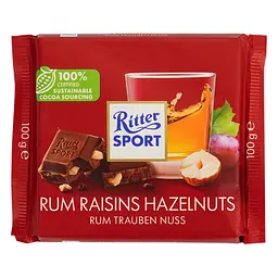 Шоколад молочний Ritter Sport з ямайським ромом, ізюмом та горіхами 100 г (29329)