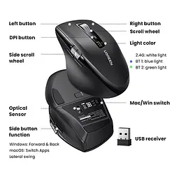 Мишка UGREEN 2.4GHz&BT M751 Ergonomic Contoured-Shape, бездротова, 5000dpi., 5кн., Чорна - мініатюра 4