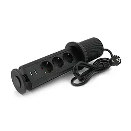 Мережевий фільтр вбудований в столешнішцу, 3 Розетки + 2 USB, перетин 3х0,75мм, 16А, 250V, 2 м, Black, круглий, діаметр 80мм, Box