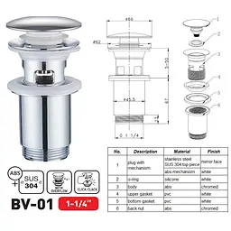 Донний клапан для раковини Zerix BV-01 з переливом автоматичний Click-Clack 1 1/4″ ZX6017 - мініатюра 2