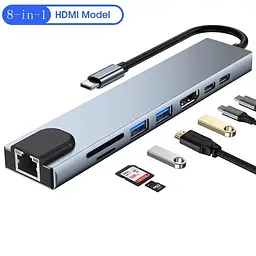 Універсальний концентратор USB для MacBook на 8-Port USB TypeC 3.0 Mini Hub SD, TF, RJ 45 - мініатюра 3