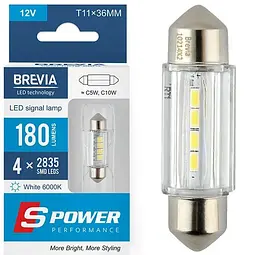 LED автолампа Brevia Spower 12/24V T11 36мм C5W (C10W) 4x12835SMD 180Lm 6000K CANbus T11x36MM 2 шт (10214X2)