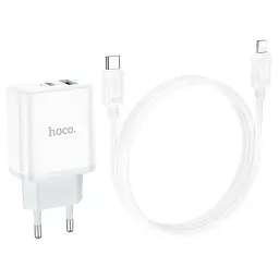 Зарядний пристрій HOCO C105A Stage 1xUSB-C PD20W + 1xUSB QC3.0 + cable USB-C to Lightning White (6931474782939)