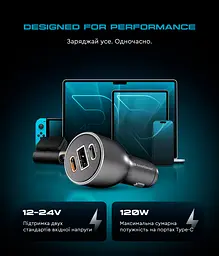 Потужний автомобільний зарядний пристрій у прикурювач 120W з підтримкою Power Delivery та Quick Charge 3.0, роз"єми 2xUSB-C та USB, швидка зарядка для ноутбука, телефону та планшета, ArmorStandart (ARM70026) - мініатюра 3