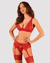 Комплект білизни Obsessive Lacelove cupless 3-pcs set M/L Red, бюстгальтер, стрінги, пояс для панчіх