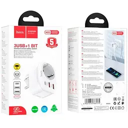 Мережевий фільтр HOCO NS3 на 1 розетку + 2 USB + USB-C, 20W, 220В, White - мініатюра 4