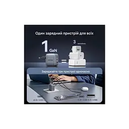 Зарядний пристрій Vention 1xUSB-C PD 70 Вт + 1xUSB QC 3.0 22.5 Вт GaN + кабель USB-C — USB-C 1.0 м 5 А сірий (TZ-FCGH0-EU) - мініатюра 8