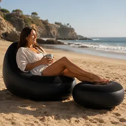 Надувний диван з пуфом Air Sofa / Надувне велюрове крісло з пуфом + насос Чорний - мініатюра 2