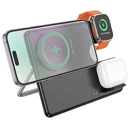 Тримач із зардним пристроєм HOCO CQ1 Geek folding 3-in-1 magnetic wireless fast charger черний - мініатюра 2