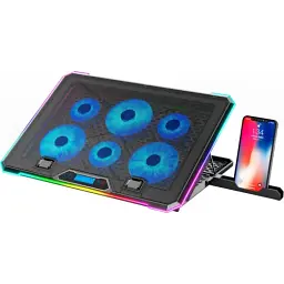 Підставка для ноутбука до 17" GamePro CP940, Black, RGB підсвічування, 3 х 100 мм, 3 х 70 мм вентилятор (1350 rpm), LCD-дисплей, метал/пластик, 2xUSB 2.0, 420 х 300 х 28 мм, 1100 г, регулювання швидкості вентиляторів та кута нахилу