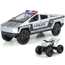 Колекційна металева модель поліцейського автомобіля Tesla Cybertruck Police з квадроциклом, інерцією, світлом та звуком 1:24 - мініатюра 5