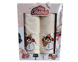 Набір новорічних рушників Gulcan 50x90+70х140 Merry Christmas Snowman Beige