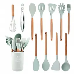 Набір кухонного приладдя Kitchen Set 12 предметів, силіконовий бірюзовий, з дерев’яними ручками
