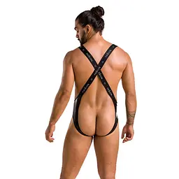 Чоловіче відкрите боді Passion 027 BRUNO XXL/XXXL Black, під латекс, на шлейках - мініатюра 4