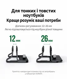 Вертикальная подставка для ноутбука UGREEN LP258 с регулировкой ширины 12–26 мм для устройств толщиной менее 26 мм с настройкой без инструментов с пазами для кабелей с силиконовой защитой от скольжения и царапин с открытой конструкцией для вентиляции чёрная (25706) - миниатюра 2